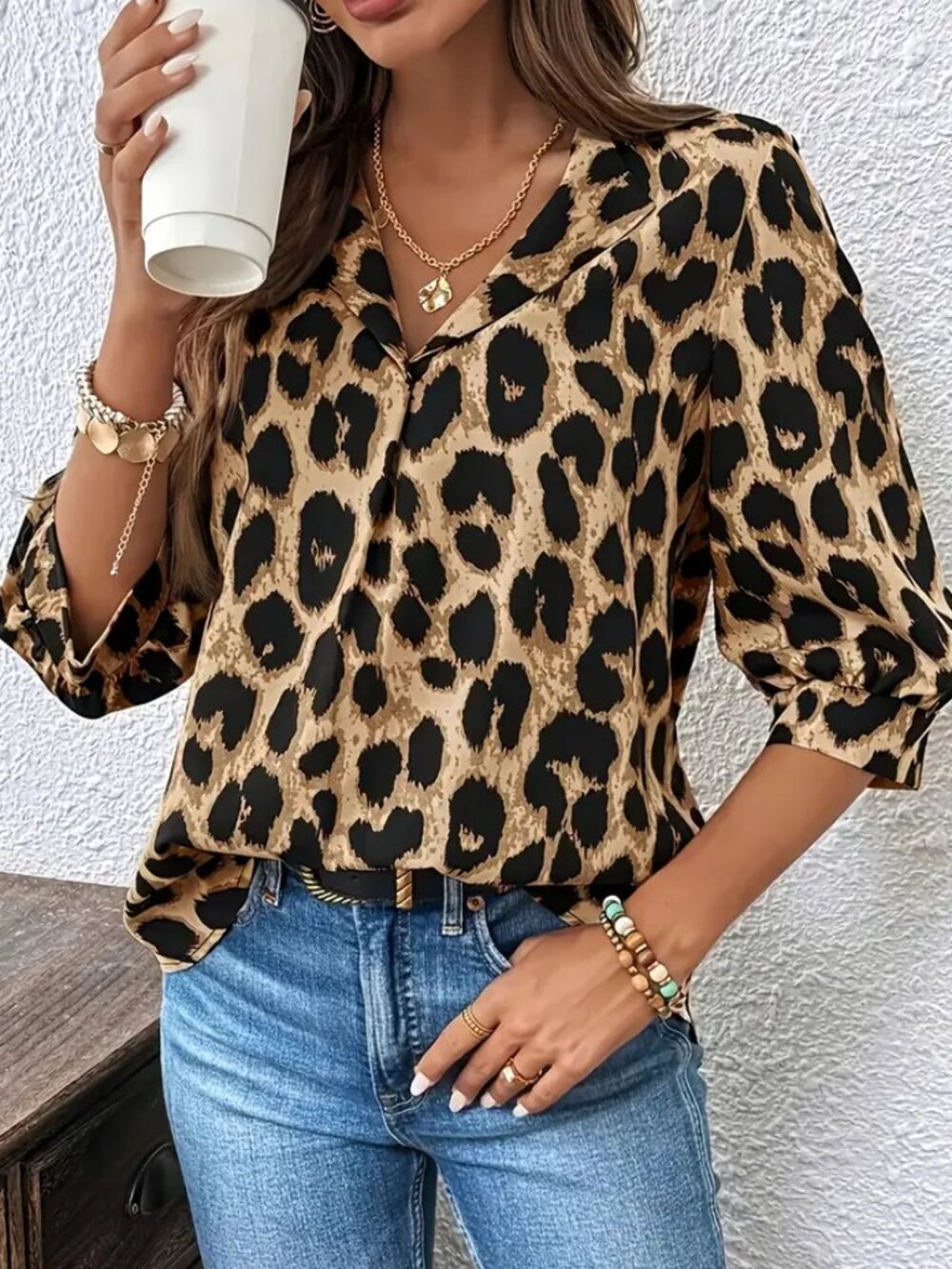New Leopard Animal Print Pull Over V Neck Elbow Sleeve Blouse Shirt Size XL